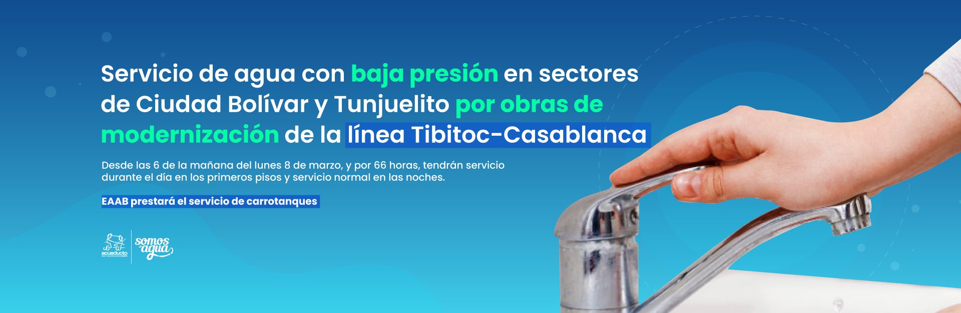 Servicio de agua con baja presión en sectores de Ciudad Bolívar y Tunjuelito por obras de modernización de la línea Tibitoc-Casablanca